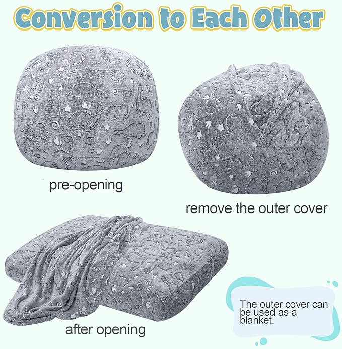 Kids Bean Bag Chair Turn into Beanbag Bed, Dinosaur Toddler Bean Chair for Girl Boy Sleeping, Lazy Children Bean Bags with Filler, Convertible Child Floor Mattress, Grey Dino