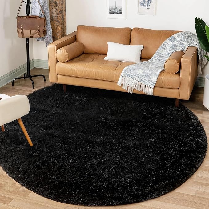 4FT Round Rug for Bedroom: Fluffy Shag Soft Washable Rugs Circle Small Fuzzy Plush Indoor Carpet for Living Room Nursery Playroom Dorm Kids Girls Boys Room (Black, 4'x4')