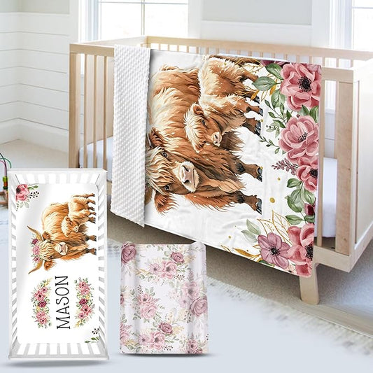 Custom Name Crib Bedding Set - Flower Highland Cow Pattern, Personalized Nursery Bedding 3-Piece Set– Soft Blanket, Fitted Sheet, Changing Pad Cover – for Newborns Girls Nursery Gifts