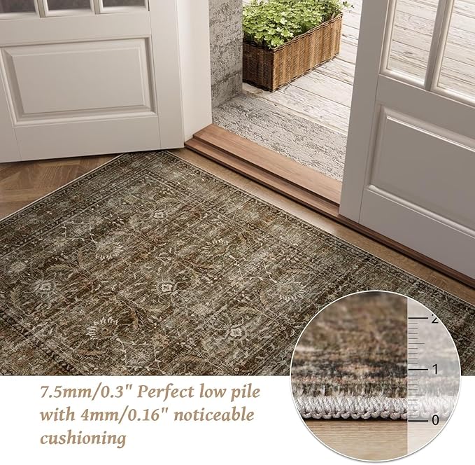 Washable 4x6 Rugs for Living Room, Boho Non-Slip Silicone Backing Small Rugs for Bedroom Nursery Office, 0.3" Neutral Oriental Throw Carpet with 0.16" Cushioning Pad, Deep Brown/Multi