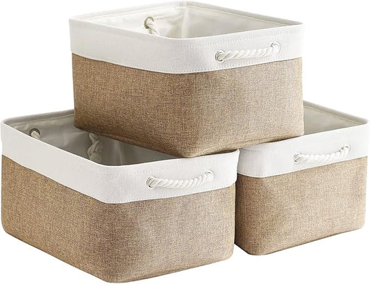 Fabric Storage Baskets - Rectangular Baskets for Organizing Fabric, Shelves & Decorative Use (White & Khaki)
