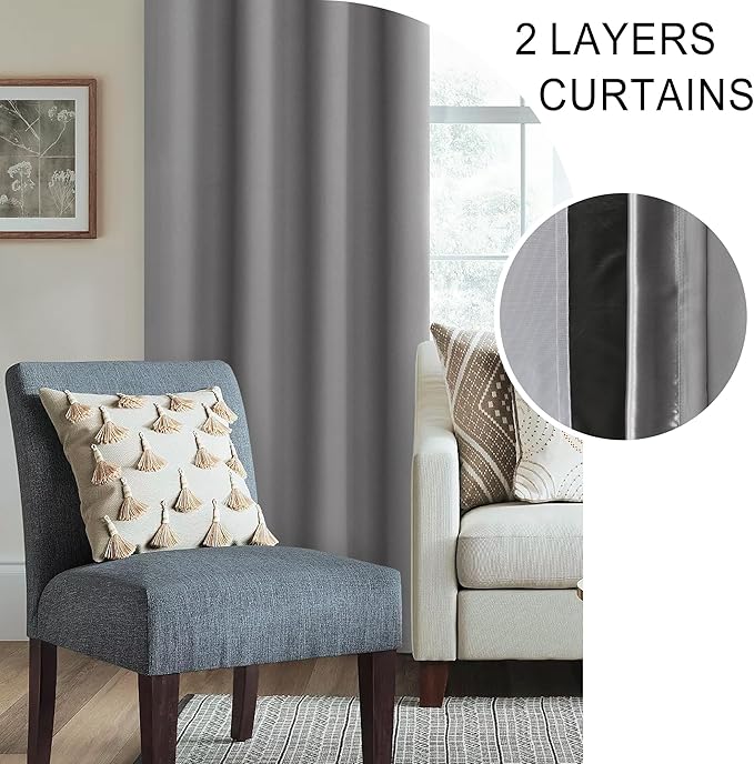 XWZO 100% Blackout Curtains 84 Inches Long with Tiebacks- Privacy Protection & Noise Blocking Window Draperies Rod Pocket with Black Liner for Bedroom/Living Room, Grey, W52 x L84, Set of 2