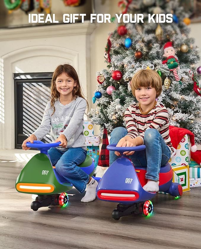 FanttikRide 6V N7 Classic Electric Wiggle Car with Pedal, Rechargeable Battery, Ride on Toys, Swing Car, 2 Speeds, Anti-Rollover, Flashing Light Wheels, Bluetooth, for Ages 3 and Up, 150 Lbs, Green