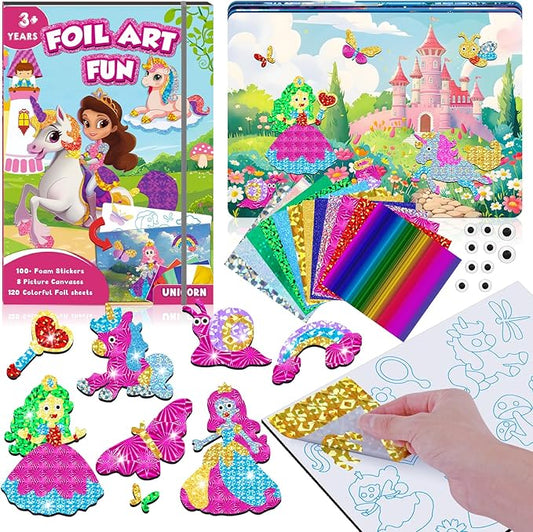 homicozy Art & Craft Activity for Kids-Foil Fun Unicorn & Princesses,No Mess Art Crafts for Girls,DIY Foil Foam Stickers,Creative Activity Kits,Kids Travel Toys,Gifts for Girls & Boys Ages 4-10