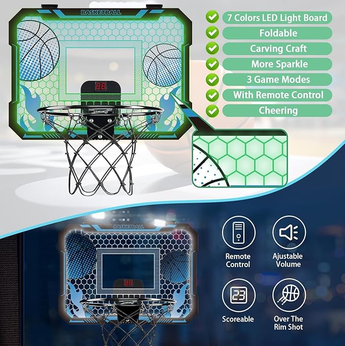 Indoor Basketball Hoop for Kids with Led Lights Mini Basketball Hoop with Remote Control Over The Door Basketball Hoops with Scoreboard Basketball Toys for 4-12 Year Old Boys Girls