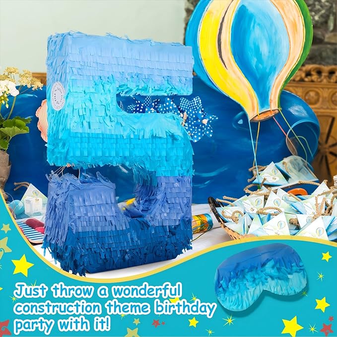 Sratte Number 1 2 3 4 5 6 7 8 9 Piñata with Stick Blindfold Confetti, Gradient Blue Piñata for Kids Boys Girls Birthday Party Anniversary Decorations Supplies(Number 5)