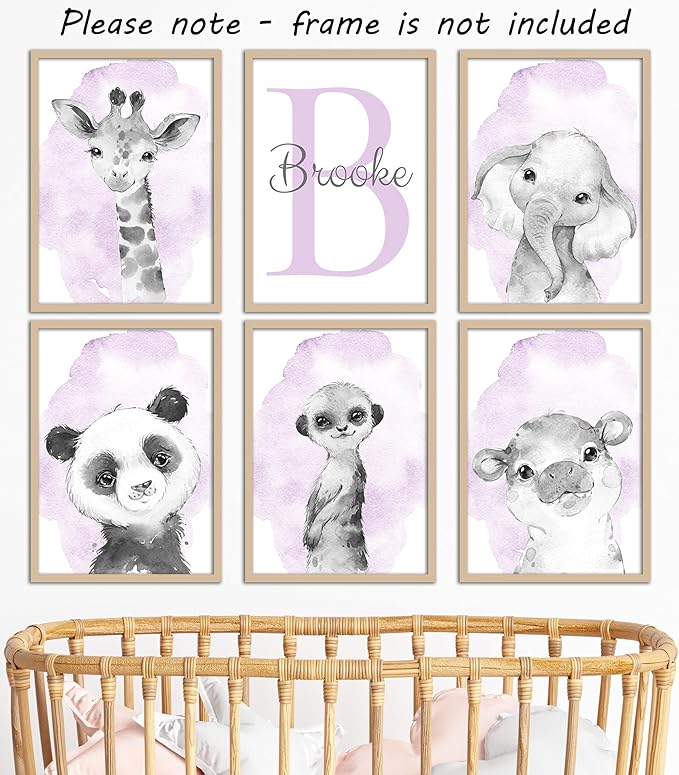 Safari Animals Set of 6 Unframed Poster Prints for Baby Girls Nursery Bedroom Playroom, Personalized Name, Choice of 12 Animals, Pink Purple (8x10)