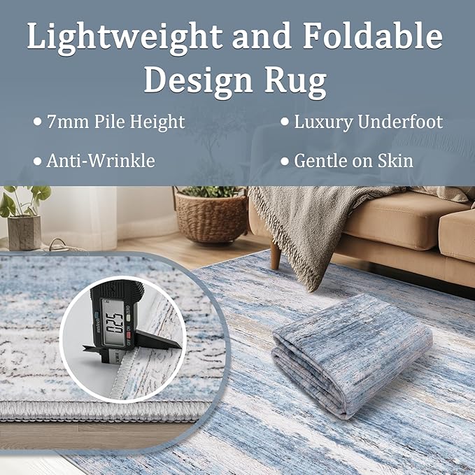 6x9 Area Rug Living Room Rugs - Washable Rug Large Modern Abstract Soft Thin Carpets Indoor Floor No Slip Vintage Carpet for Bedroom Under Dining Table Nursery Home Office Decor Blue