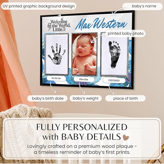 Inkless Hand and Footprint Kit, Baby Keepsake Plaque & Baby Shower Gifts - Ideal as Mom To Be Gift, Nursery Picture Frames, Clean Touch Hand and Footprint Kit (Style 1 - Design 3)