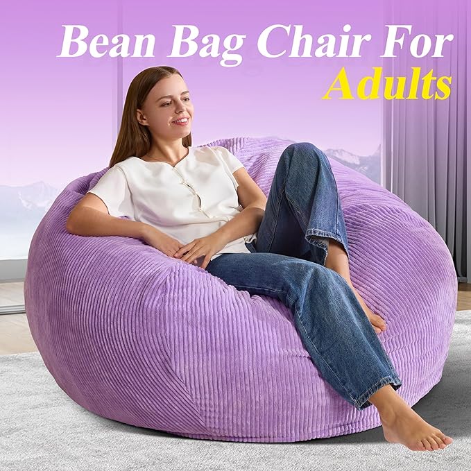 3.5FT Bean Bag Chairs Teardrop Bean Bag Chair for Adults Beanbag Chair with Memory Foam Filled Machine Washable Cover for Living Room, Bedroom (Large,Purple)