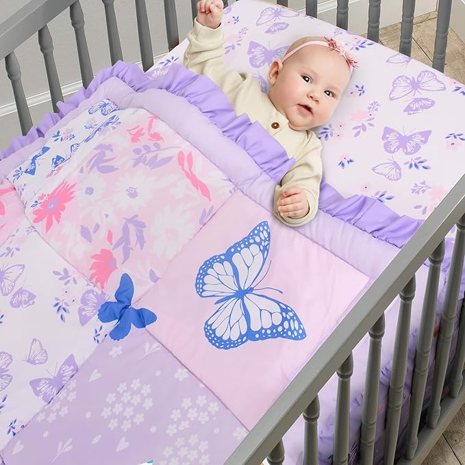 Cloele Crib Bedding Set for Girls, 3 Pieces Floral Butterfly Baby Bedding Set -Includes Comforter Fitted Sheet Crib Skirt,Standard Size Nursery Baby Crib Set for Girls,Purple