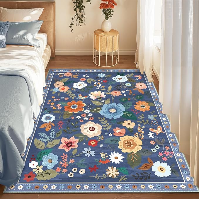 Floral 4x6 Area Rug Machine Washable Soft Print Boho Carpet Non Slip Doormat Low Pile Flower Area Rugs for Living Room Bedroom Nursery Kitchen Dining Room Indoor-Blue/Grey