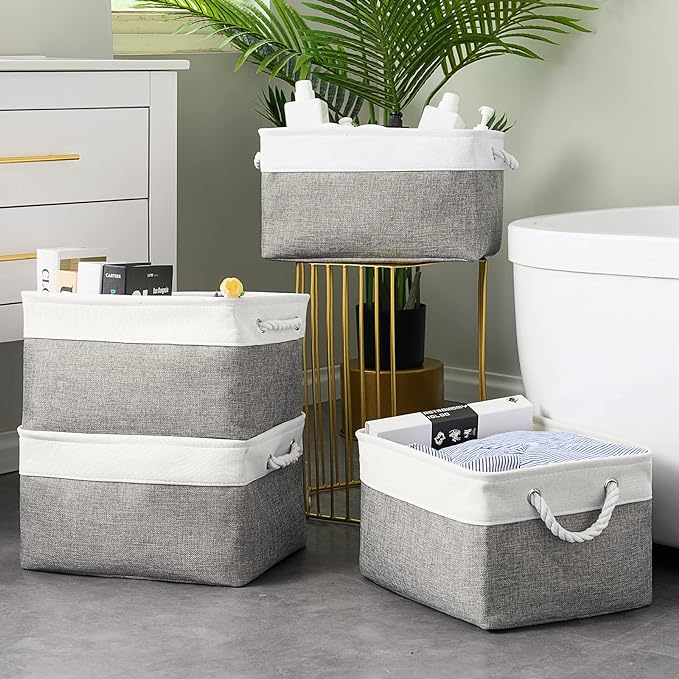 Storage Basket 16x12x8 inch Fabric Sturdy Canvas Storage Bins Organizer with Handles for Clothes and Storage Foldable Storage Boxes Cubes