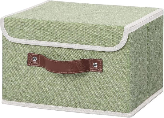 ANMINY Storage Bin with Lid Storage Boxes with PU Leather Handles PP Plastic Board Decorative Foldable Lidded Cotton Linen Fabric Home Cubes Baskets Closet Organizer Container - Green, Small Size