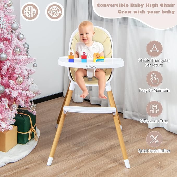 BABY JOY Convertible Baby High Chair, 3 in 1 Wooden Highchair/Booster/Chair with Removable Tray, Adjustable Legs, 5-Point Harness, PU Cushion and Footrest for Baby, Infants, Toddlers (Beige)