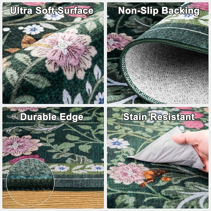 Area Rugs 9x12 Living Room: Floral Washable Rug Vintage Large Soft Boho Non-Slip Carpet Indoor Floor Stain Resistant Low Pile Carpets for Bedroom Dining Room Farmhouse Nursery Home Office Dark Green