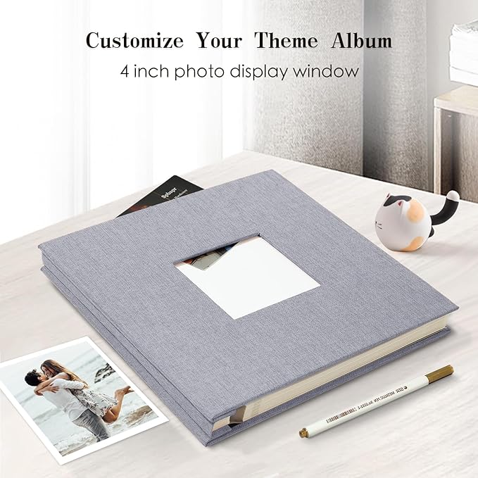 Spbapr Large Photo Album Self Adhesive 3x5 4x6 5x7 8x10 Pictures Magnetic Scrapbook 40 Blank Pages Linen Cover DIY Album with A Metal Pen Light Gray