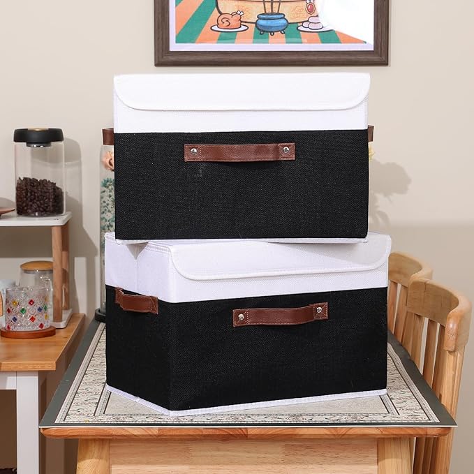 ANMINY 2PCS Storage Boxes with Lid Washable Decorative Storage Bins Basket with PU Leather Handle Foldable Linen Fabric Storage Cubes Containers for Home Closet Organizer - Black White, Large Size