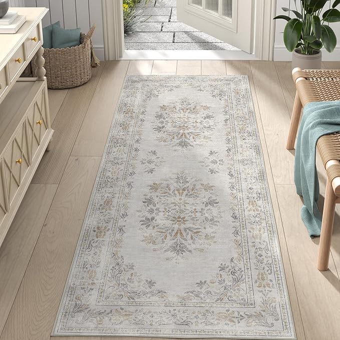 jinchan Vintage Floral Runner Rug 2x6 - Machine Washable Distressed Design Non-Slip Low-Pile Soft Thin Carpet for Hallway Kitchen Farmhouse Bedroom Entryway Laundry Room (2x6ft,Light Grey)