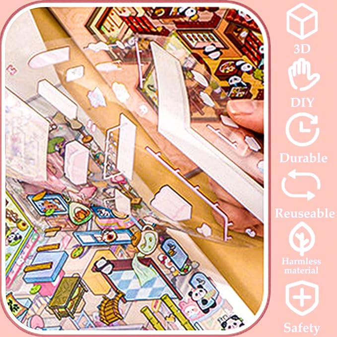 DIY 3D Sticker Scene，10 Sets Pack（600+） Large-Sized, Reusable Sticker Book, Cute Sets for Free Combination, Waterproof for Anywhere, Crafts Party Favors Birthday Gift