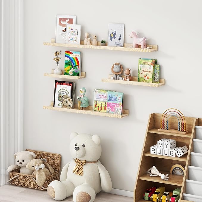 Picture Ledge Shelf for Wall, 36 inch Solid Pine Wood Nursery Book Shelves 2 Packs, Floating Ledge Shelves for Kids' Room Bedroom Bathroom Living Room Photo Frames Office Nursey Wall Decor, Natural