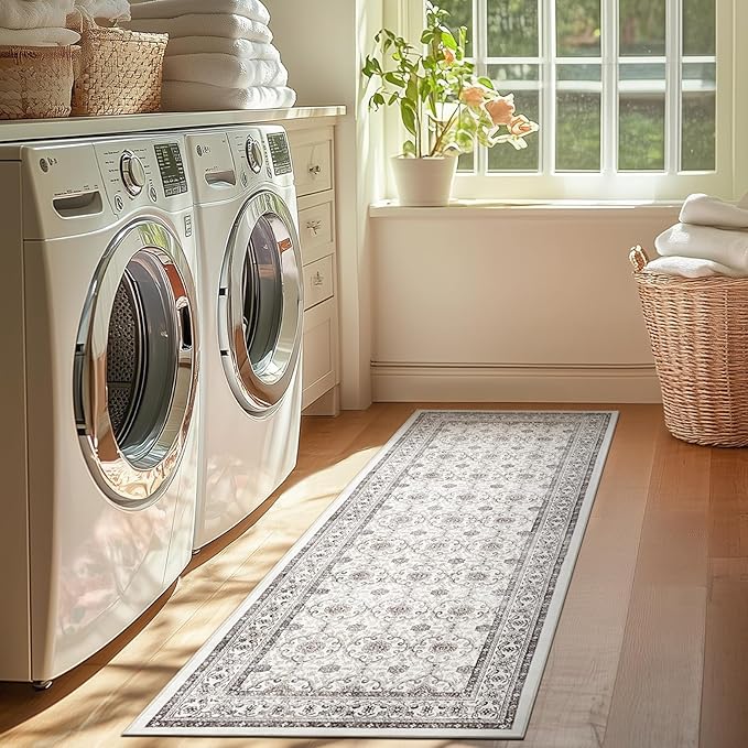 jinchan Floral Runner Rug 2x5 - Machine Washable Beige Vintage Distressed Design Soft Non-Slip Low-Pile Ultra-Thin Runner Rug for Kitchen Hallway Laundry Room Entryway Farmhouse (2‘x5',Beige)