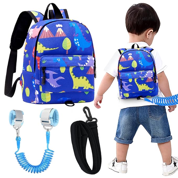 Accmor Toddler Backpack Leash with Anti Lost Wrist Link, Cute Mini Child Walking Harnesses Keep Kids Close Back Pack Rope Tether Rein for Baby Boys (Blue/Dino)