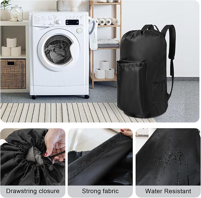 Polecasa Heavy Duty Backpack Laundry Bag, 29 x 13.5 Inches Hamper bag with Padded Shoulder Straps,130gsm Durable Fabric and 4 Pockets, Large Drawstring Bag for Dorm, College, Travel, Black