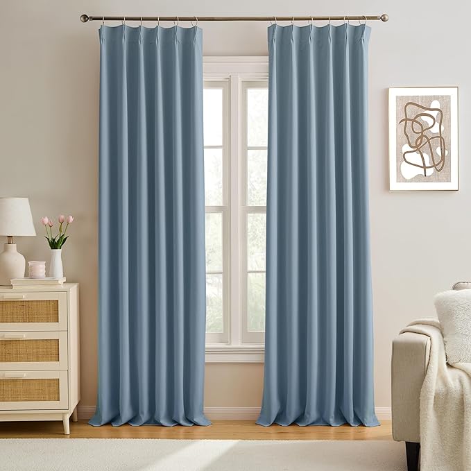 Slate Blue Blackout Curtains 90 Inches Long, Pinch Pleat with Hooks, Black Out Drapes Thermal Insulated Modern Elegant Greyish Blue Darkening Window Curtain Panels for Kids Nursery 40X90-in