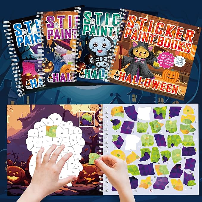 4Pcs Halloween Paint by Sticker Books for Kids Ages 4-8 Halloween Pumpkin Ghost Witch Sticker by Number Books Activity Book for Kids Puzzle Book Craft Art Gift Holiday Party Favors Create 32 Pictures
