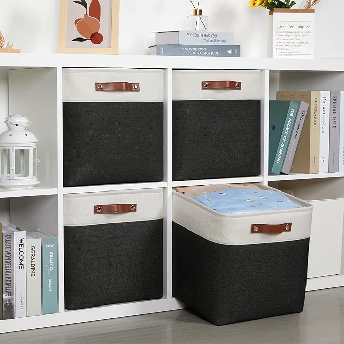 DULLEMELO Storage Baskets, 13 Inch Cube Storage Bins for Shelves Closet Nursery Toy Storage, Foldable Linen Closet Organizers Storage Baskets for Toy Closet Storage?4 Pack - 13" White&Black)