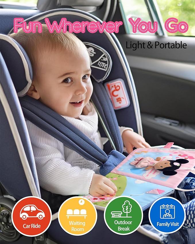 Interactive Sensory Soft Cloth Book, Educational Crinkle Quiet Activity Busy Book for Babies,Toddler Travel Toy Gift for 1-3 Year Old Boys and Girls (A Berry Special Day)-Tanned