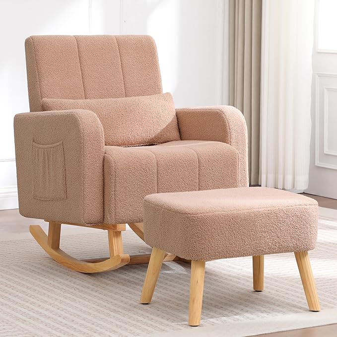 Rocking Chair with Ottoman, Upholstered Glider Rocker with High Backrest and Side Pocket, Comfy Reading Chair with Solid Wood Legs for Nursery, Living Room,Bedroom Coffee