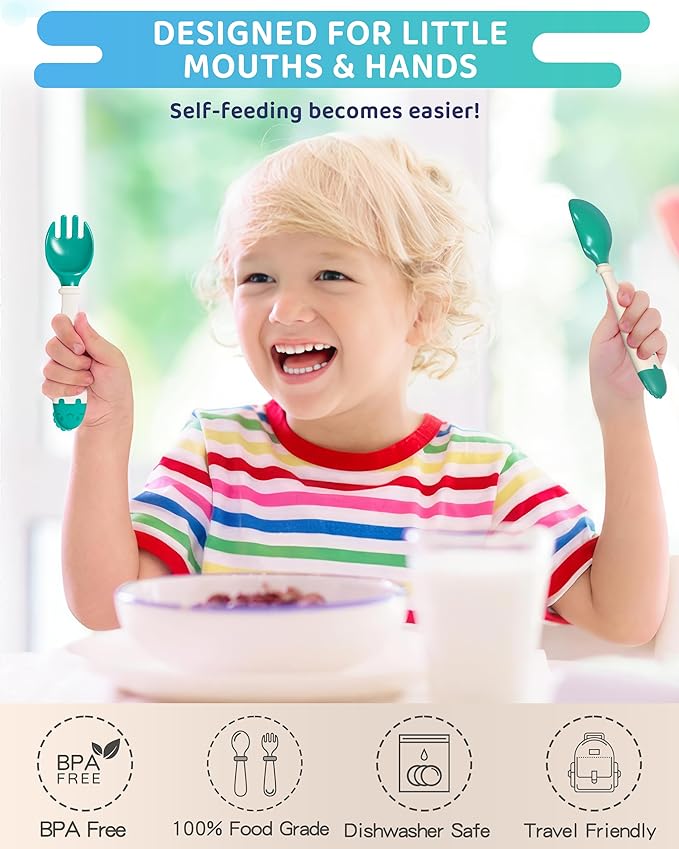 Deejoy Toddler Utensils, Self-feeding Flatware Set withTravel Case, Baby Spoons and Forks with Silicone Bendable Handle, Easy Grip Heat-Resistant, Ideal for Kids, Stage 2 (Green)