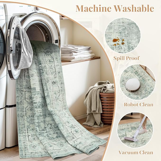 LIVEBOX Washable 2.5x8 Runner Rugs for Entryway Bathroom, Boho Kitchen Floor Mats Long Rug Runners for Hallways Non Slip, Farmhouse Low-Pile Carpet Runners for Laundry Room, Sage Green