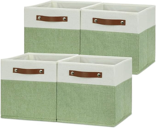 HNZIGE Fabric 11x11 Cube Storage Bins, Set of 4, Foldable Storage Cube Bin Baskets for Shelves with Handles, Bins for Cube Organizer Home Toy Nursery Closet(Green White)