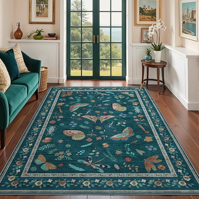 6x9 Rugs for Living Room with Insect Print - Bug Rug Non-Silp Stain Resistant Soft Carpet for Bedroom, Low Pile Ultra-Thin Machine Washable Carpet for Dining Room, Kids Nursery, Office (6'x9' Teal)
