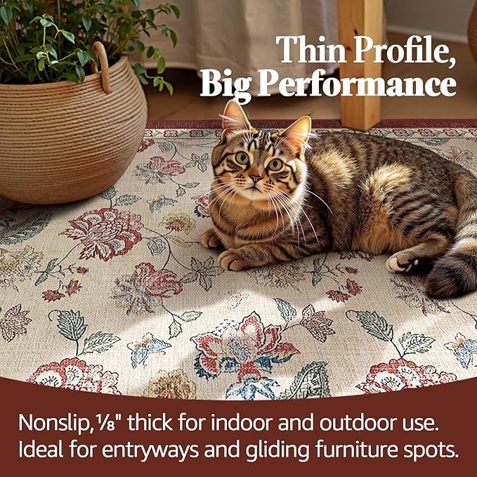 jinchan Floral Corner Rug for Living Room Washable Bedroom Rug Vintage Romance Design Non Slip Quarter Circle Lightweight Low-Pile Throw Carpet for Reading Nook Playroom,8ft Radius, Red/Beige