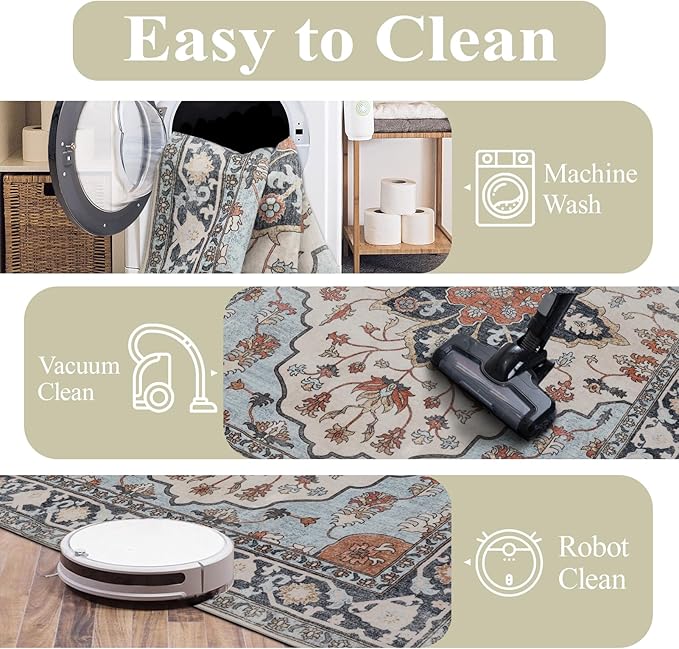 Washable 6x9 Area Rug for Living Room, Carpet for Bedroom Dining Room, Non Slip&Non-Shedding Resistant Low Pile Vintage Print Rug for Home Office (Blue/Gray)