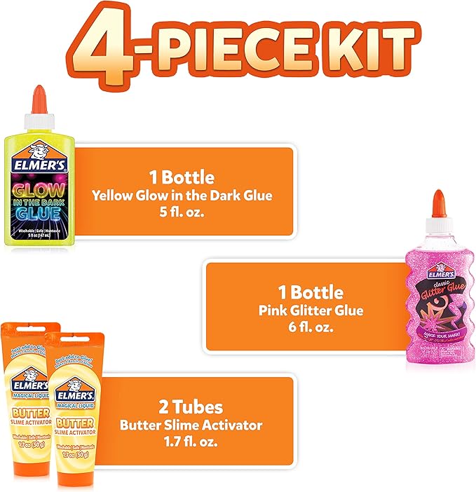 Elmer’s Butter Slime Kit Includes, Glow in the Dark Glue, Glitter Glue, Butter Slime Activator 4 Count.