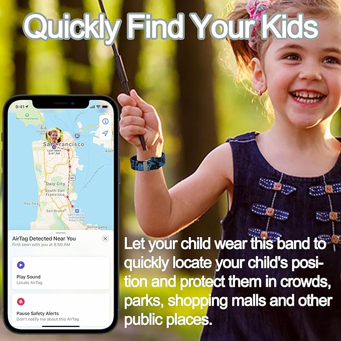 Waterproof AirTag Bracelet for Kids, Hidden Printed Wristband for Apple Air Tag, Silicone AirTag Holder GPS Tracker Case for Band for Child Toddler, Secure Anti-Lost Protection(Black)