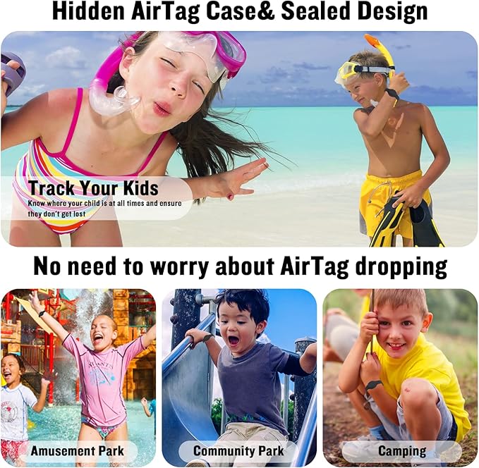 Waterproof AirTag Bracelet for Kids, Hidden Silicone Wristband for AirTag, GPS Tracker Case for Air Tag Holder Strap Band for Child Toddler, Secure Anti-Loss Protection(Black)