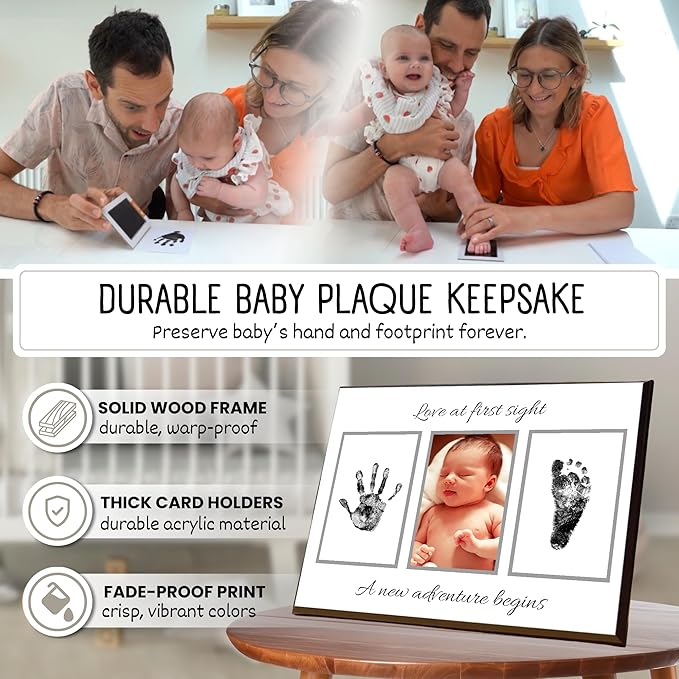 Baby Hand and Footprint Kit with Photo & Birth Details, Inkless Hand and Footprint Kit, Newborn Keepsake Plaque, Baby Shower Gifts (STYLE 2 (Baby Shower) (Love At First Sight))