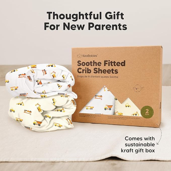 KeaBabies 2-Pack Organic Crib Sheets for Boys, Girls - 52x28 Fitted Crib Mattress Sheet Neutral, Breathable Jersey Cotton Cover for Baby Bed, Toddler Mattress, Soft & Cute Prints (Construction)