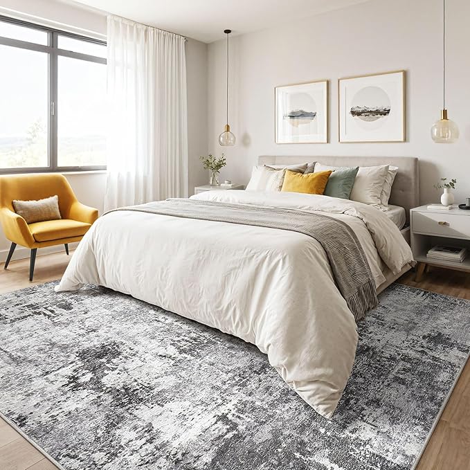 6x9 Area Rugs Living Room: Large Washable Abstract Modern Soft Rug Stain Resistant Indoor Floor Non Slip Accent Carpet for Bedroom Nursery Playroom Dining Room Office Dorm Home Decor- Black Grey