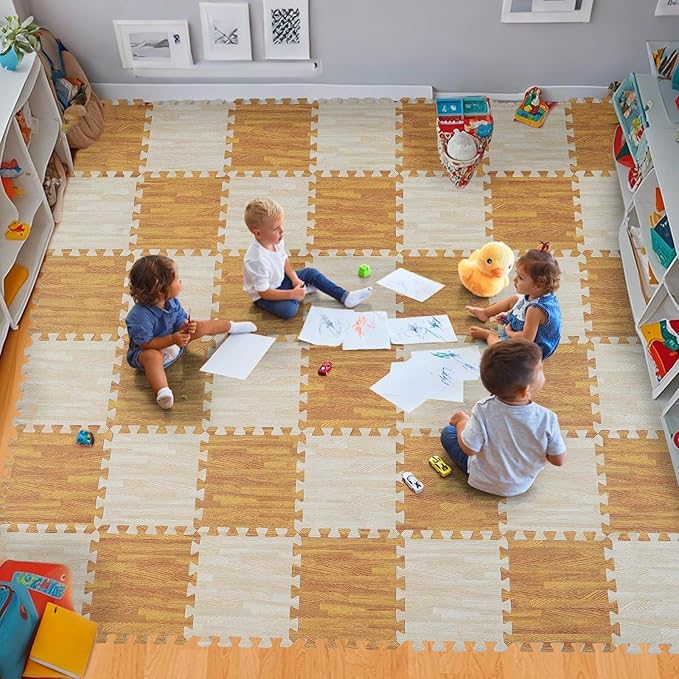Skyweaver 12 Tiles Soft Non-Toxic Baby Play Mat for Floor EVA Foam Jigsaw Puzzle Play Mat, Interlocking Squares with 0.6inch for Babies, Toddlers & Kids Gym, Nursery, Playroom, Light Brown