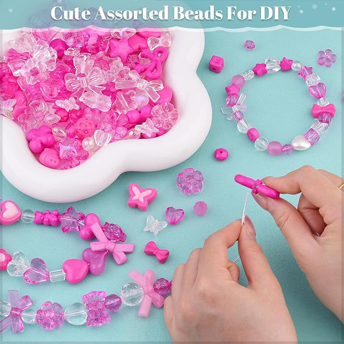 Assorted 170-230PCS Rose Pink Acrylic Beads for Bracelet Making, Flower Bow Butterfly GummyBear Aesthetic Bracelet Charms,Cute Beads for Jewelry Making DIY Necklace Keychain Phone Charm