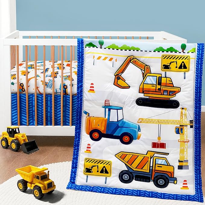 3 Piece Baby Boy Crib Bedding Set Construction Theme Baby Comforter Set for Crib Nursery Bed Set Decor with Fitted Crib Sheet, Comforter and Skirt for Boys Girls (Construction)