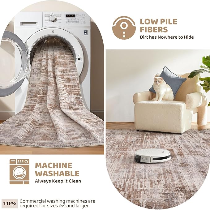 Area Rug for Living Room: 8x10 Washable Neutral Abstract Modern Soft Rugs Non Slip Indoor Floor Stain Resistant Large Carpet for Bedroom Dining Room Office Nursery - Red Brown