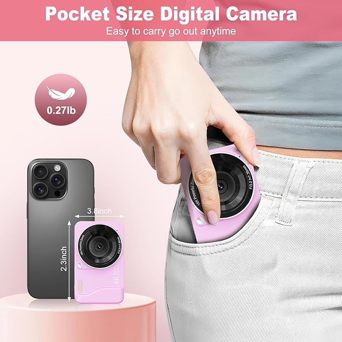 Digital Camera, 4K 64MP, 18X Zoom, Point and Shoot Digital Camera with 64GB TF Card & 2 Batteries, Portable Rechargeable Small Camera for Kids Teens Adult, Purple